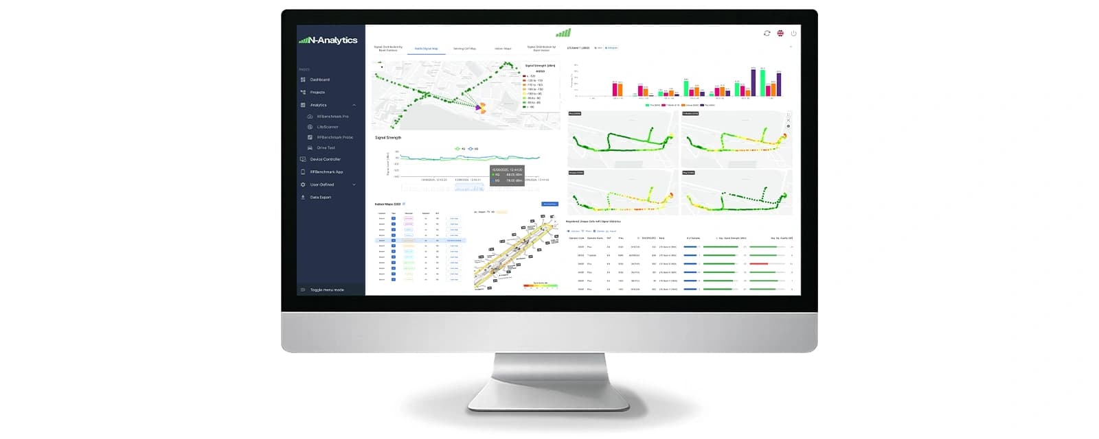 The platform on a desktop screen: drive-test routes coloured by signal strength beside charts and a table of the cells that were seen