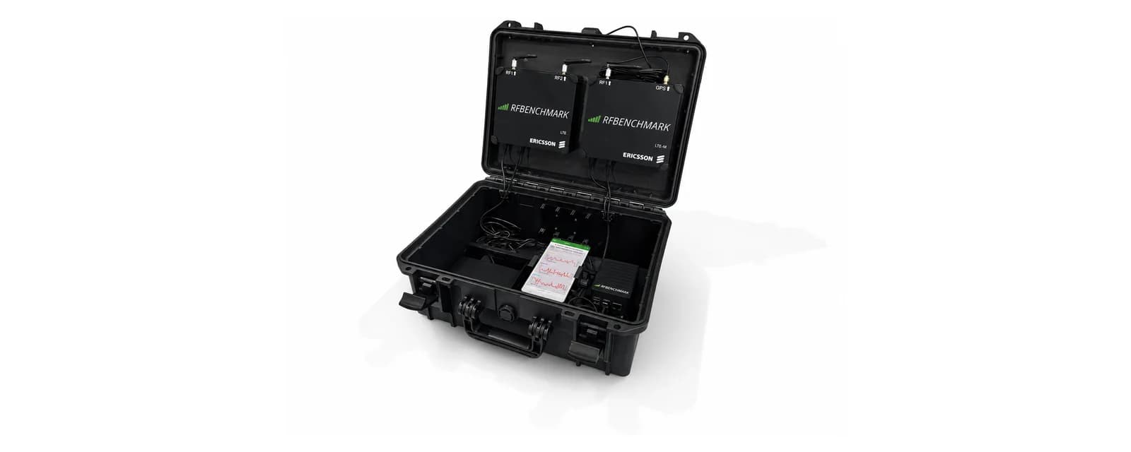 An open rugged flight case: two RFBenchmark units badged Ericsson mounted in the lid with RF and GPS connectors, a phone plotting signal traces below them, and a small ported unit beside it