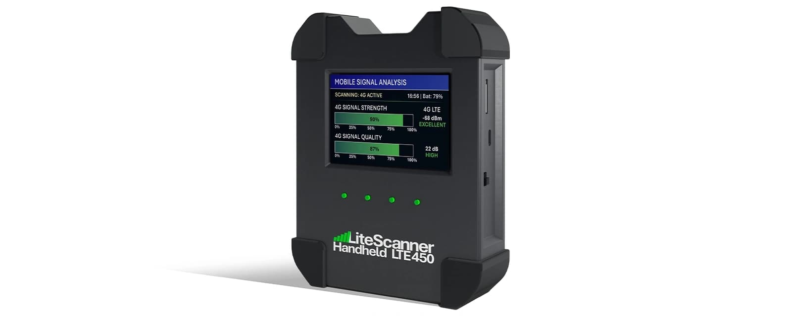A rugged black handheld with its own screen, reading 4G signal strength at 90 per cent and -68 dBm, marked excellent