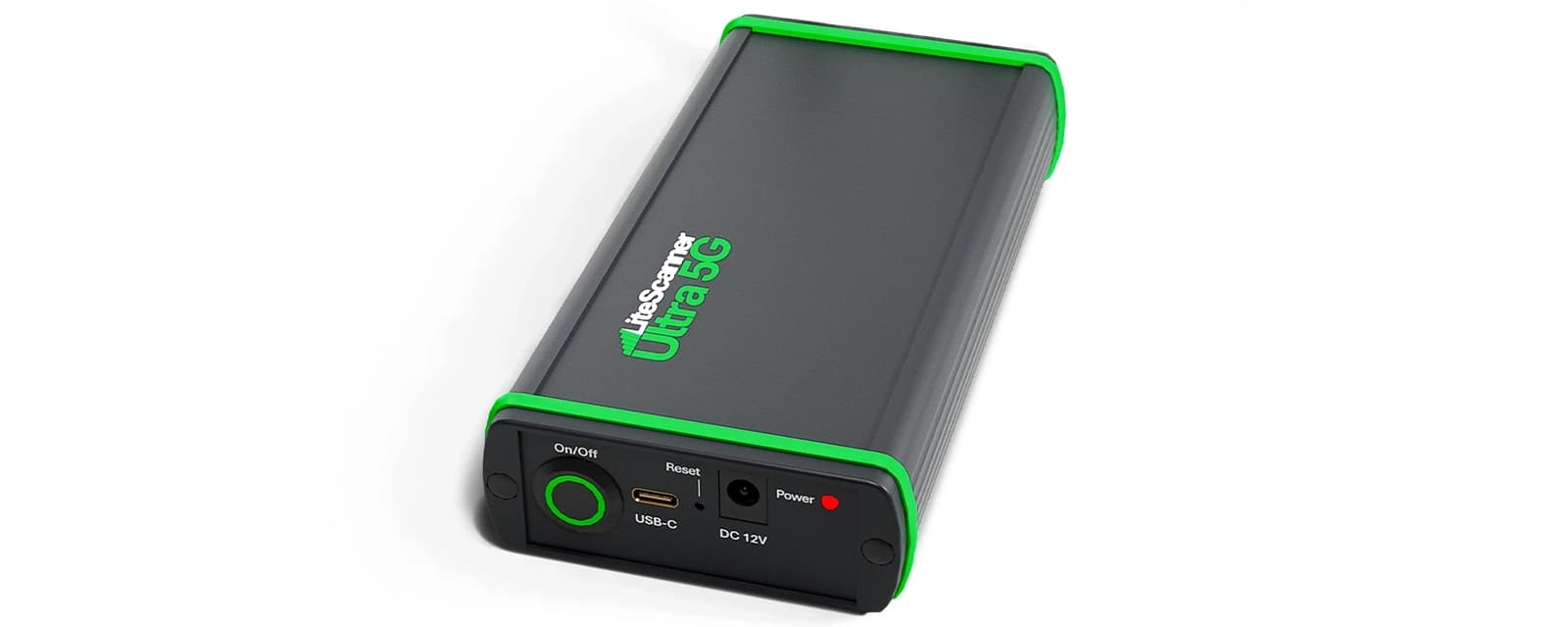 A dark aluminium slab with green end caps, an on/off button, a USB-C port and a 12 V DC input