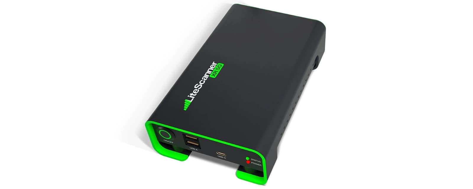 A matt black unit with green end caps, an on/off button, USB-A and USB-C ports, and status and power lights