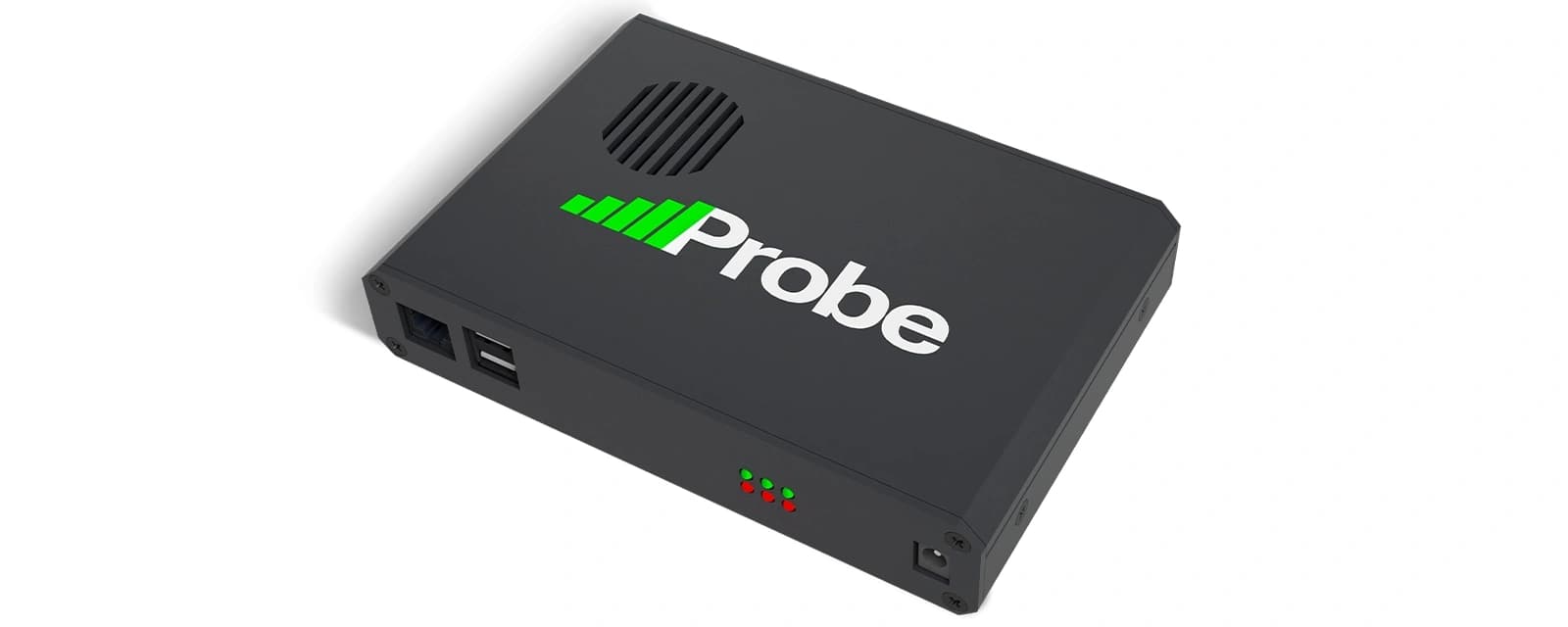 A flat black enclosure marked Probe, with an Ethernet socket, USB ports, a row of status lights and a DC input