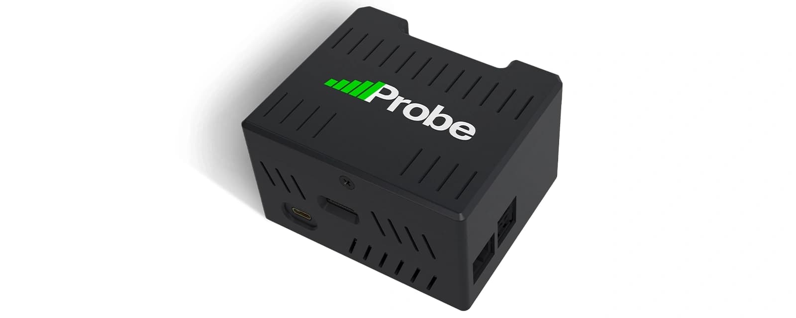 A small vented black enclosure marked Probe, with a USB-C input on its short side