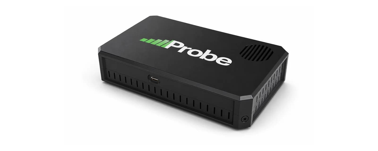 A compact vented black enclosure marked Probe, with a single USB-C socket on its long side