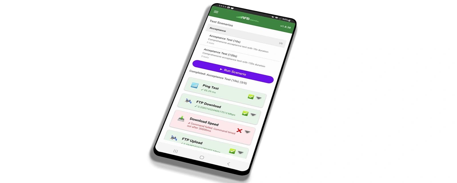 The app running an acceptance scenario on a phone: ping, FTP download and FTP upload, each reported as passed or failed