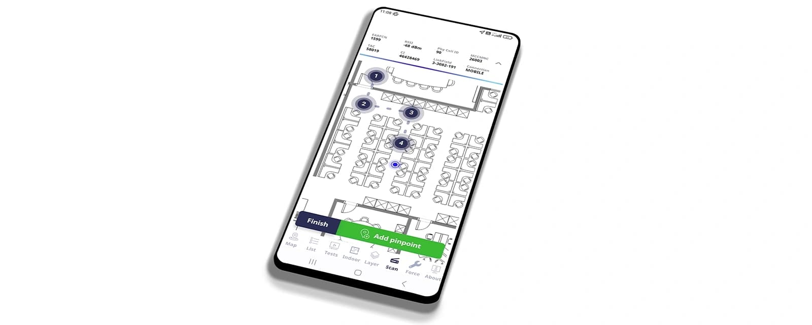 The app on a phone, plotting numbered measurement pins across an office floorplan, with the live radio parameters listed above it