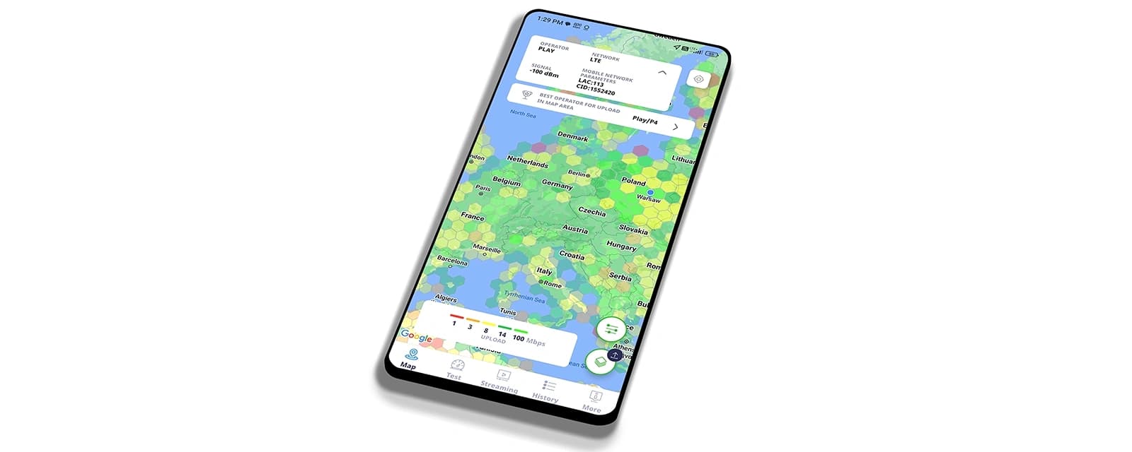 The app on a phone showing a hexagon coverage map of Europe, each cell shaded by the upload speed measured in it